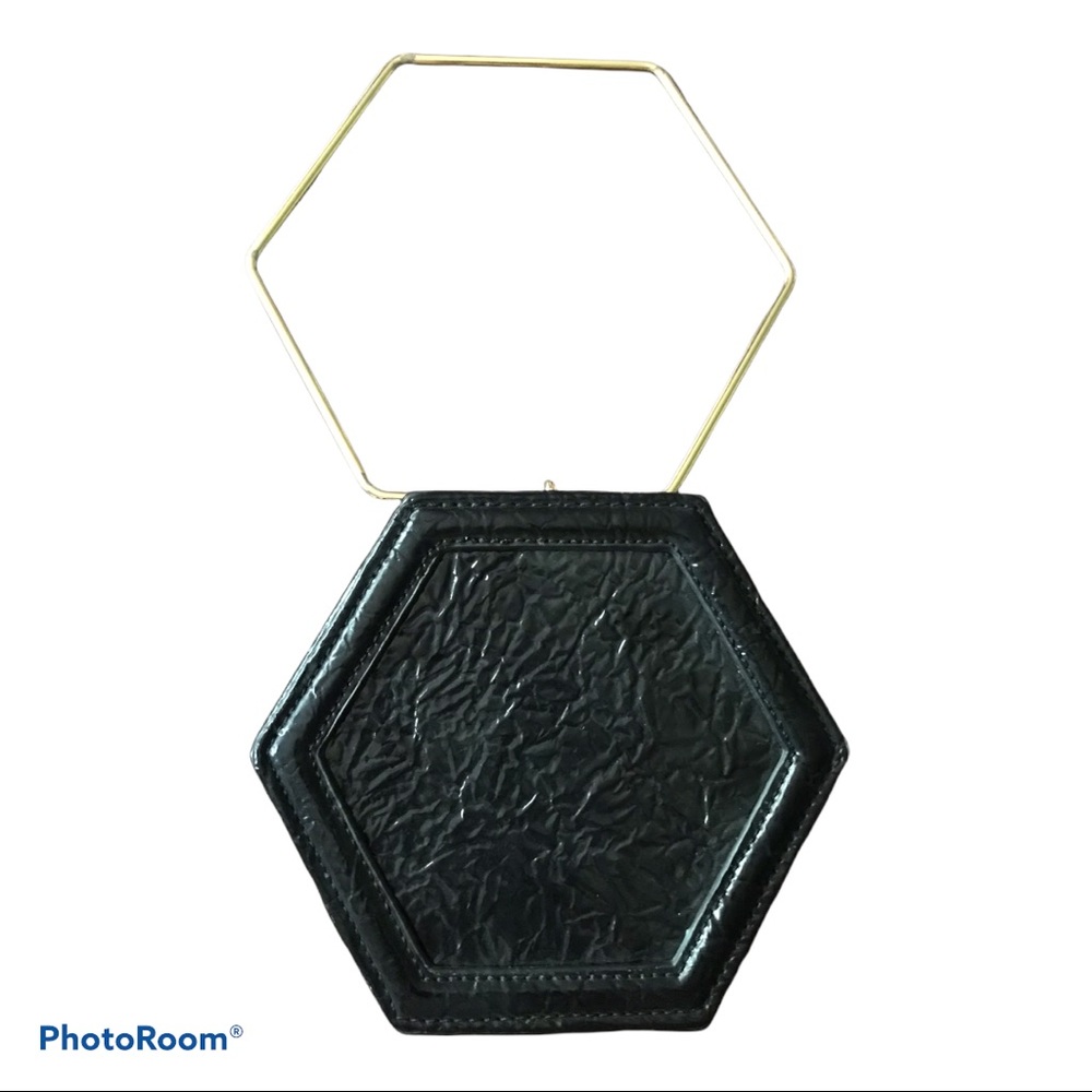 Zara Hexagon Black Faux Leather Bag Gold Handle - Picture 2 of 5